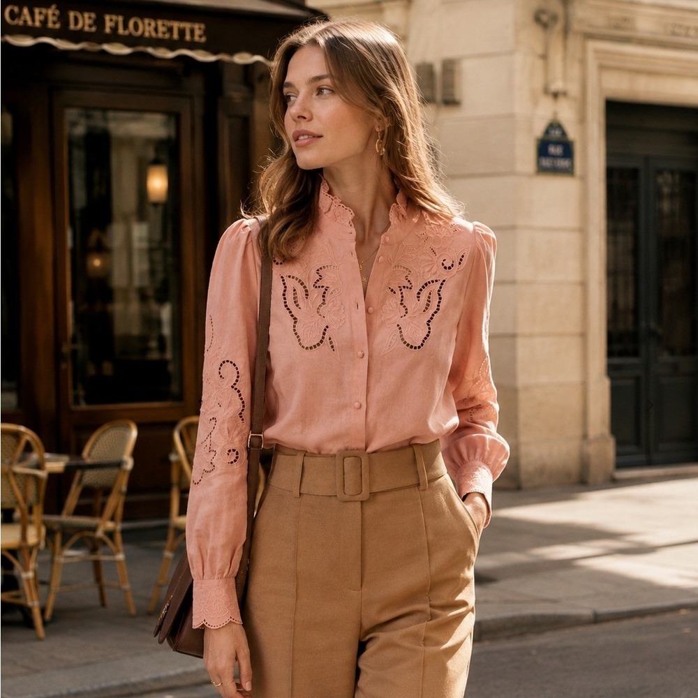 Sezane Lilia Blouse Coral Pink Butterfly Eyelet Embroidery Women Sz 36 EU / 4 US